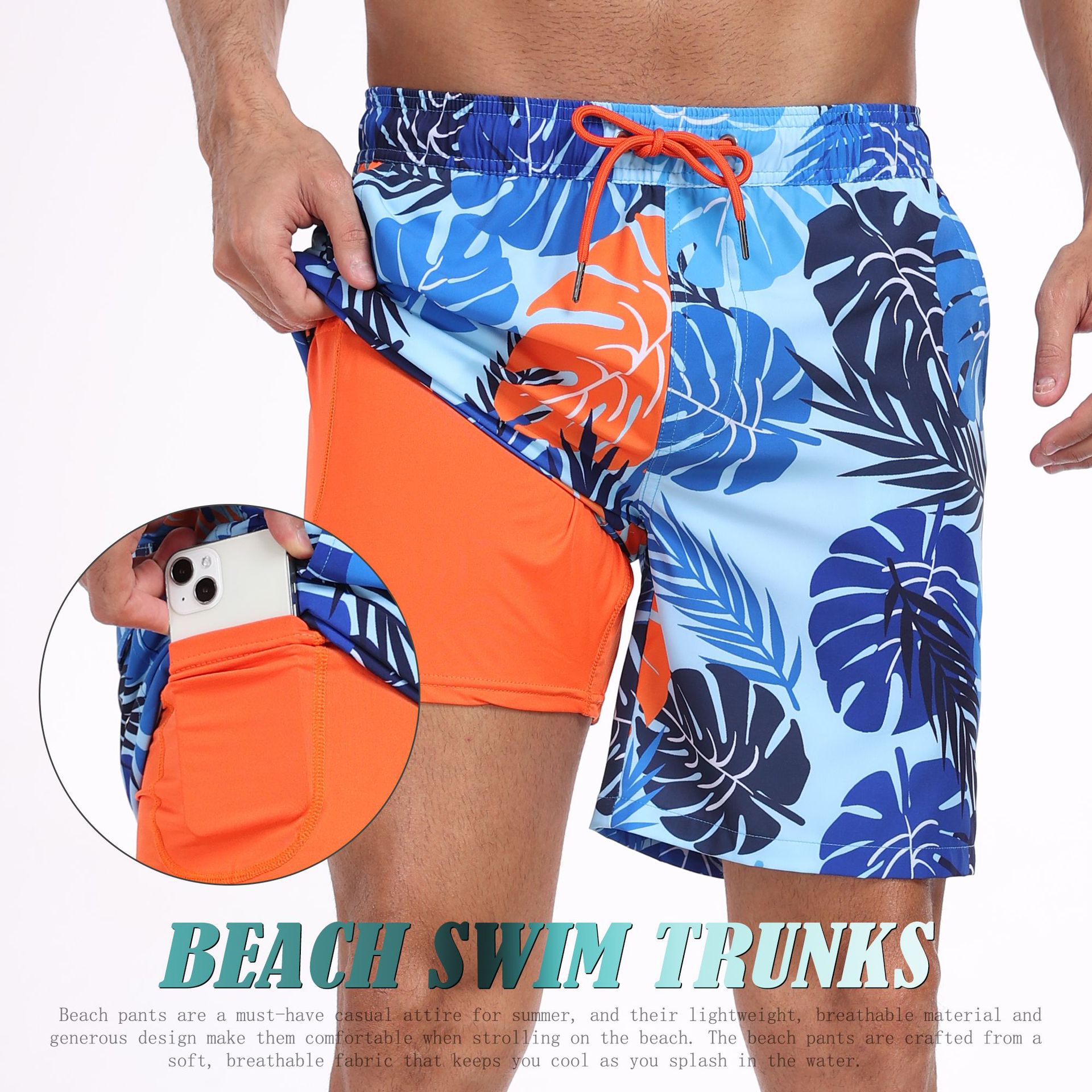 Long Leg Trunk Men - Herren Hai-Muster 2-in-1 Boardshorts mit Kordelzug