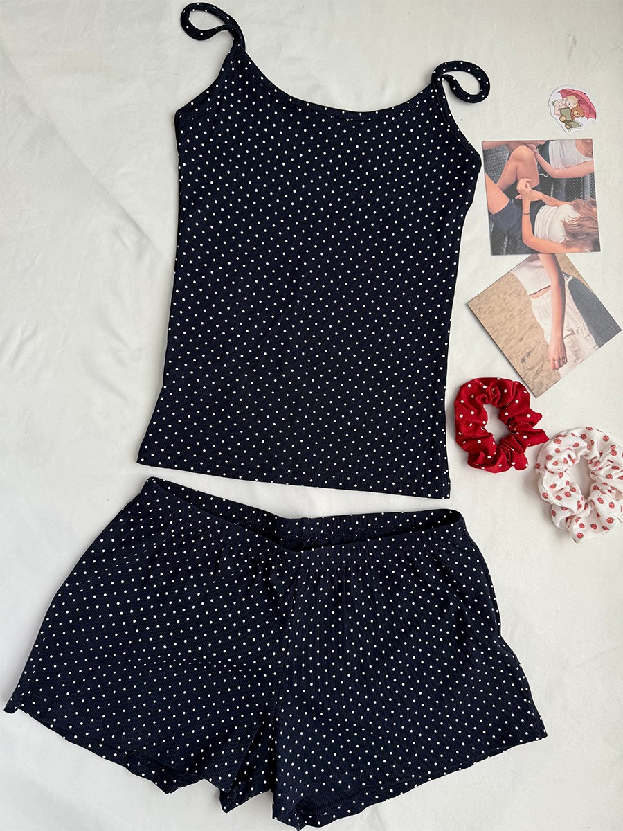 Tank Top Ribbed - Marineblau Gepunktetes Geripptes Shorts-Set für Damen,