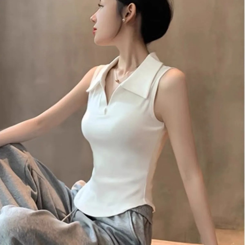 Tank Top Ribbed - Damen Weißes Ärmelloses Poloshirt Tanktop Slim